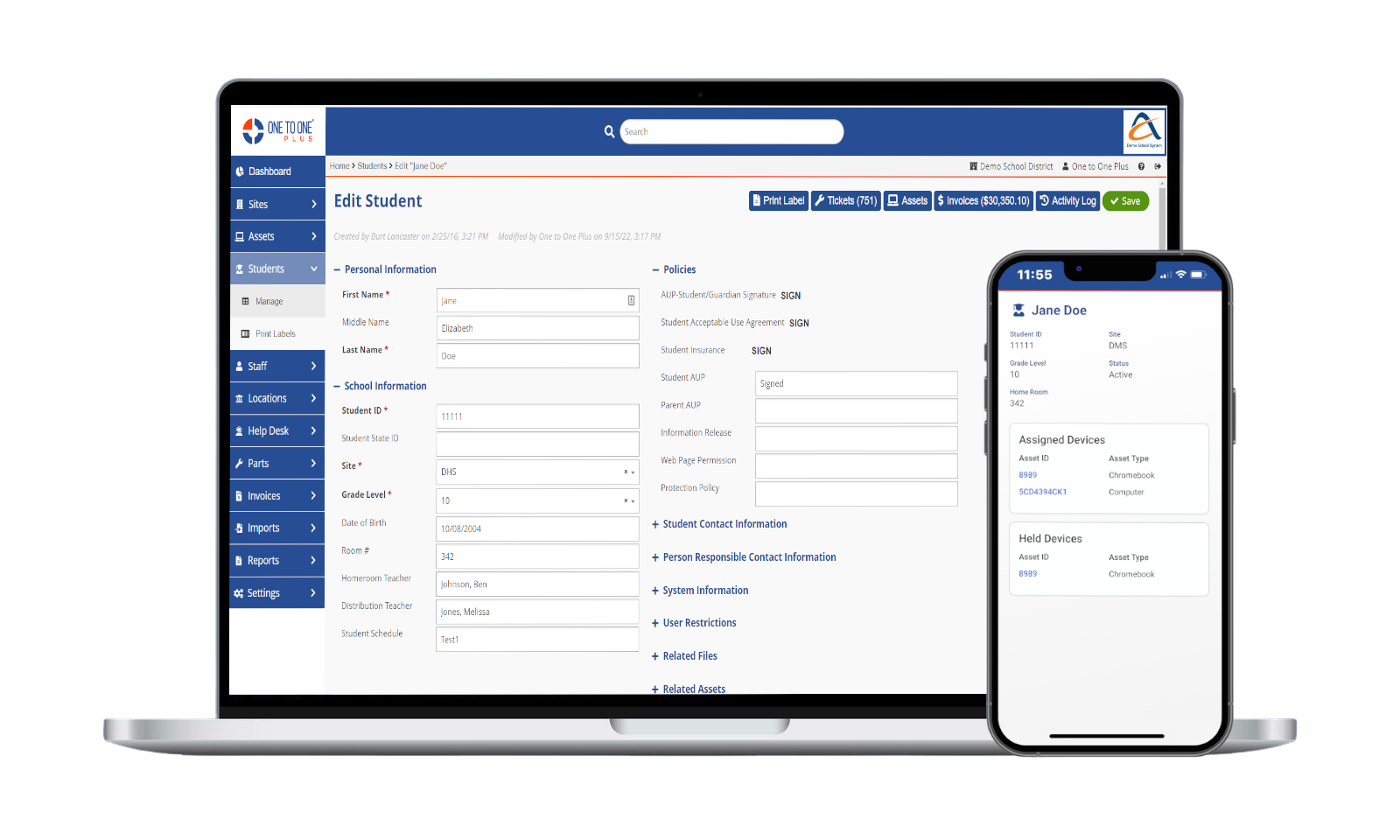Users and locations linked with assigned devices and tickets