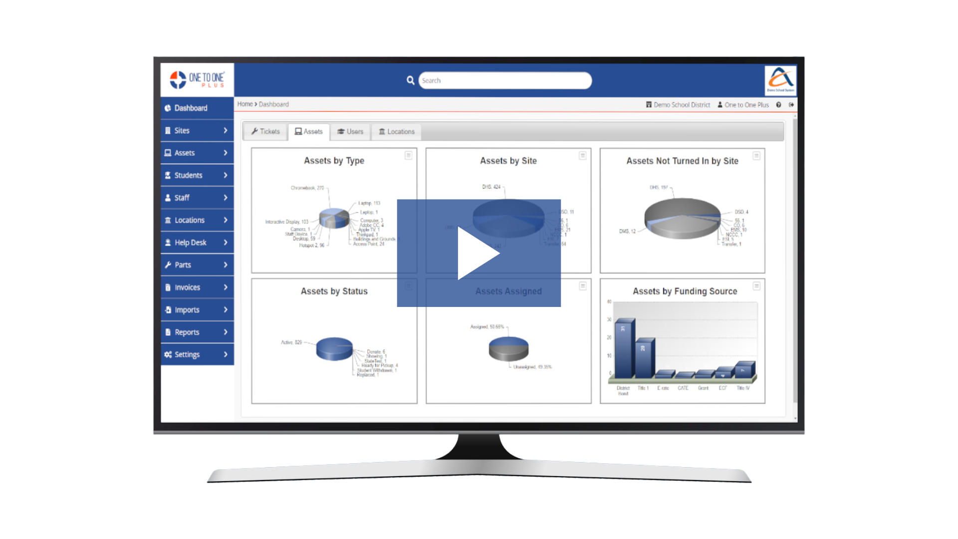 monitor with 3d dashboard and a blue play button