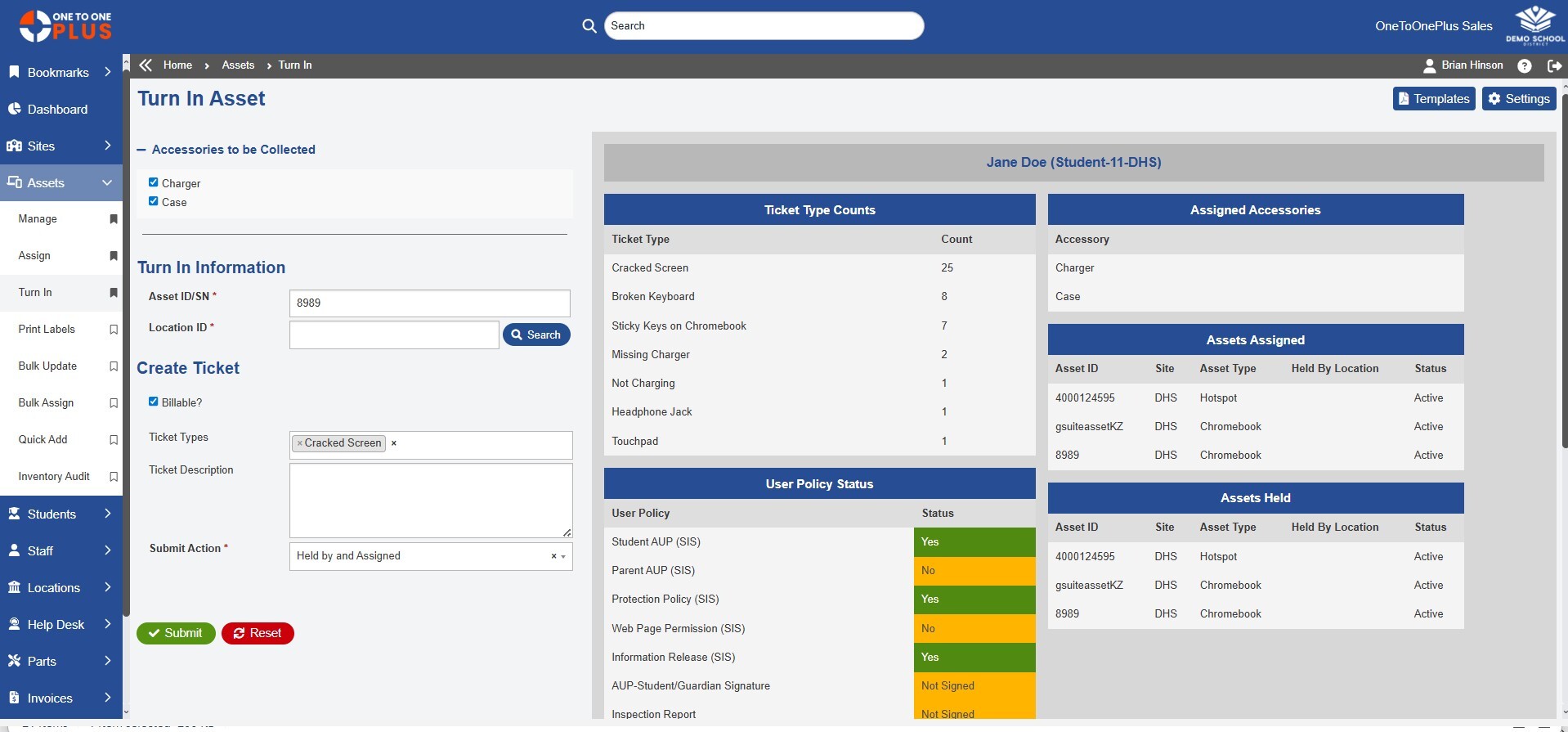 Users and locations linked with assigned devices and tickets