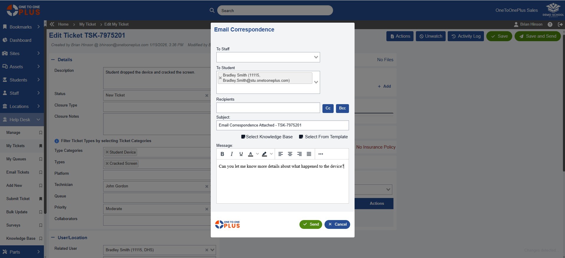 Users and locations linked with assigned devices and tickets