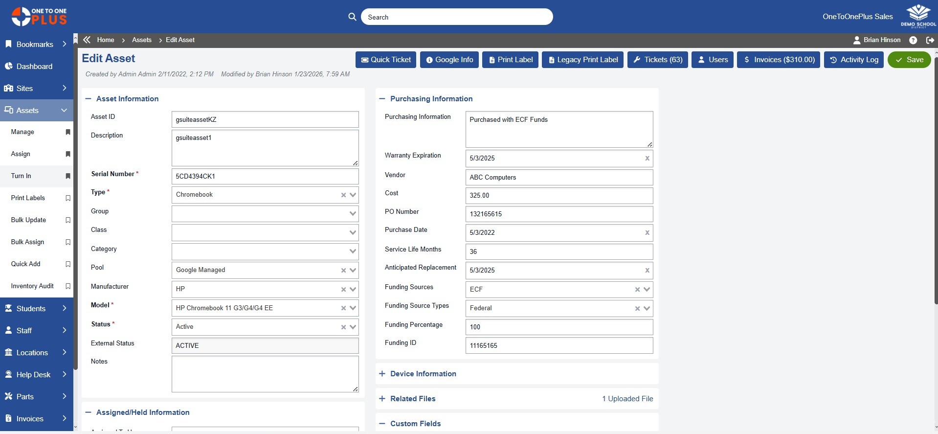Mobile views for asset assignment and ticketing