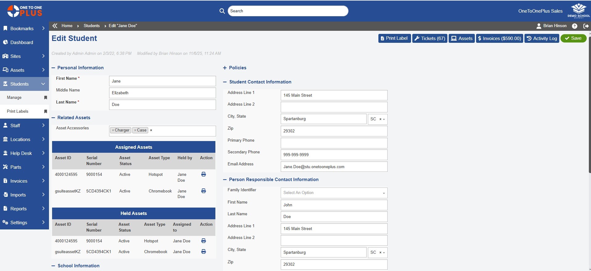 Users and locations linked with assigned devices and tickets