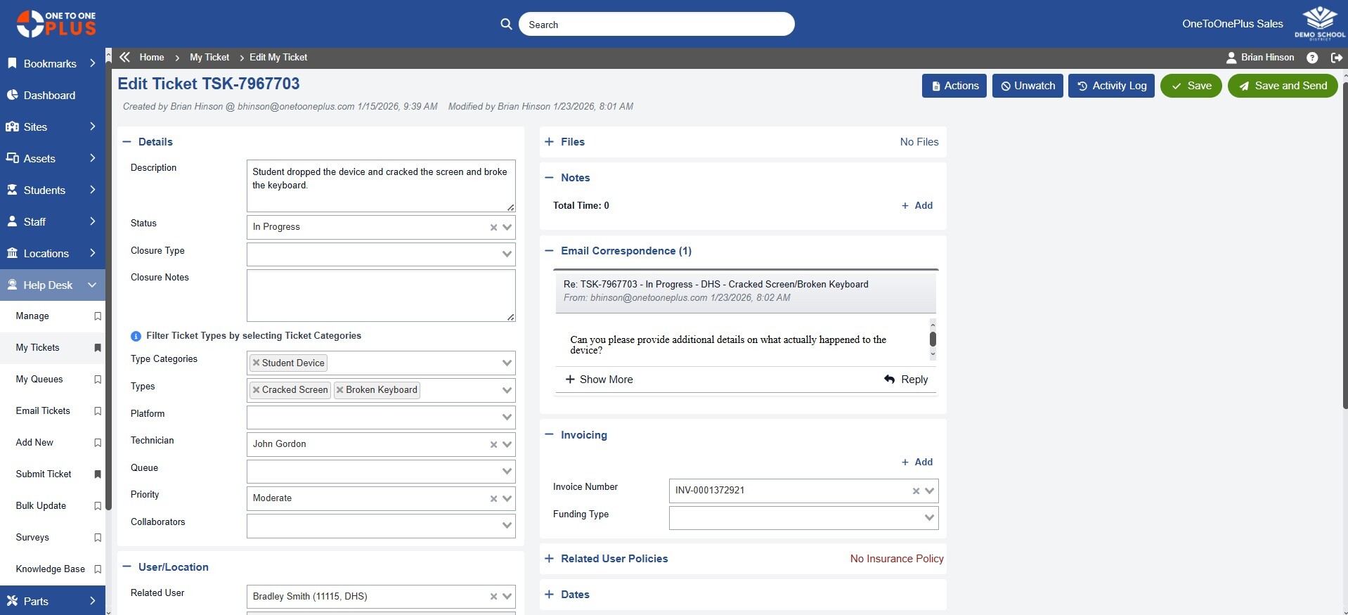 Configuration item record with related tickets and relationships